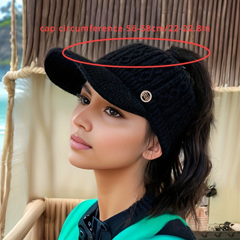 Cozy Knit Ponytail Visor Cap for Women - Thick Fleece-Lined with Ear Protection | Stretch Fit Baseball Hat for Fall/Winter