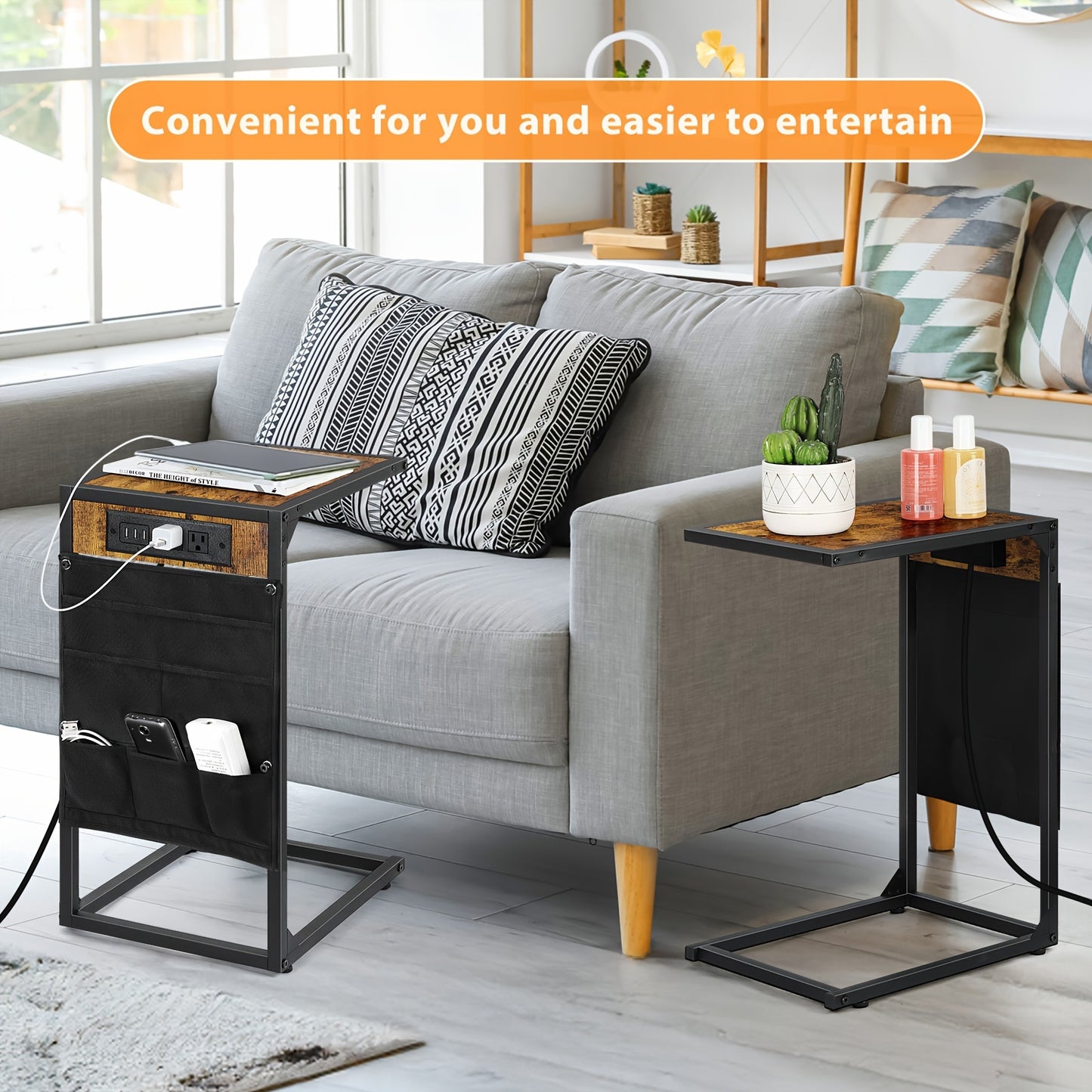 2pcs C-Shaped End Table Set – 50LBS Desktop, Charging Station and Storage Bag, Removable & Slide-Under-Sofa Design – Ideal for Living Room, Bedroom