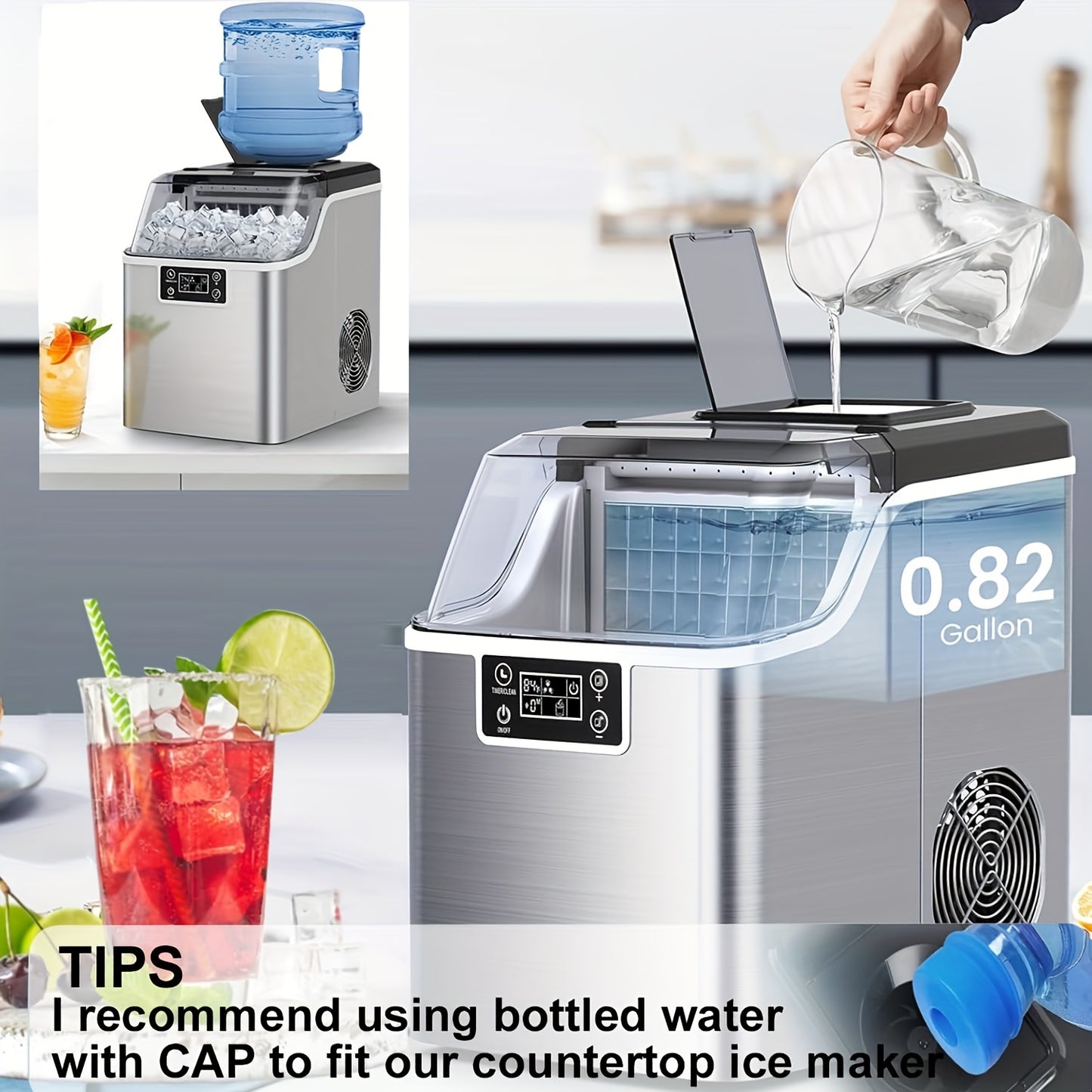 Countertop Ice Maker – 45lbs Capacity, 2-Way Water Supply, Self-Cleaning, Ice Size Control, 24H Timer – Stainless Steel Ice Machine for Home Bar, RV, and Parties (Black)