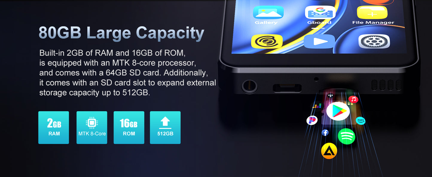 80GB Android 9.0 MP3 Player - Bluetooth, WiFi, 4.0-Inch Touchscreen, Speakers, FM Radio, eBooks, Expandable Up to 512GB