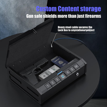 Biometric Gun Safe – Quick-Access Handgun Storage Box with Fingerprint, Keypad, and Keys – Firearm Safety Device for Home, Bedside, Nightstand, and Car