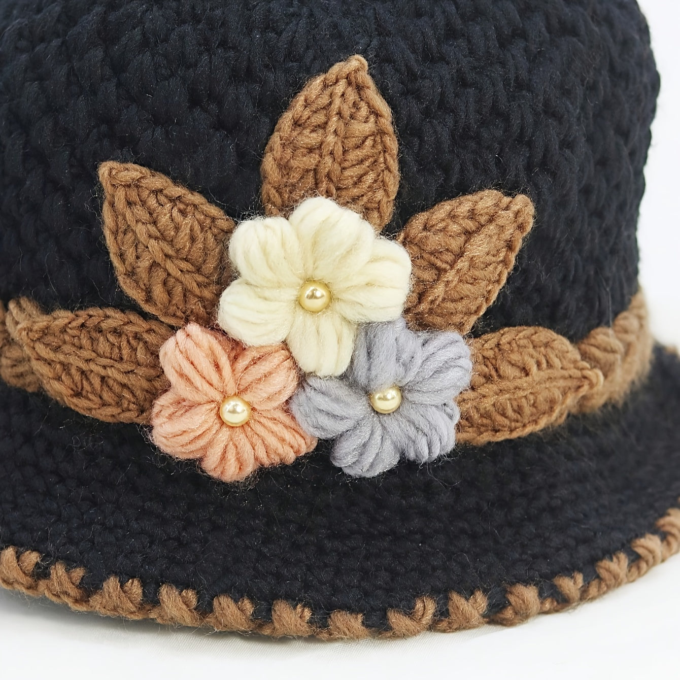 Elegant Flower Crochet Bucket Hat - Lightweight & Warm Knitted Fisherman Cap for Women, Autumn & Winter