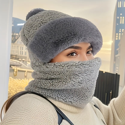 Plush Soft Winter Beanie Hat with Neck and Face Cover - Cozy One-Piece Scarf for Ear Protection, Thick Warm Cycling Hat for Women