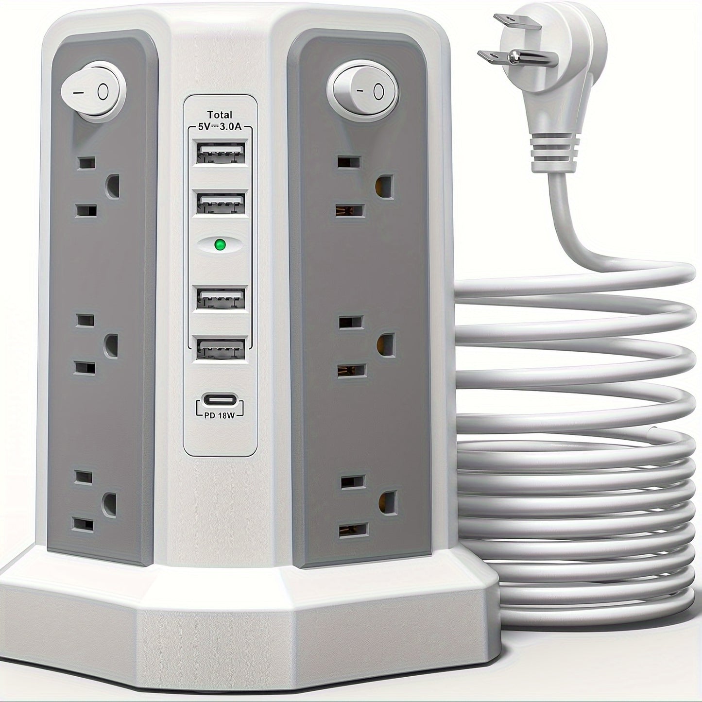 PASSUS Tower Surge Protector Power Strip – 10.2FT Extension Cord, 12 AC Outlets, 5 USB Ports, Surge Protection for Home, Office, Dorm Room