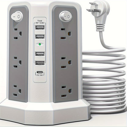 PASSUS Tower Surge Protector Power Strip – 10.2FT Extension Cord, 12 AC Outlets, 5 USB Ports, Surge Protection for Home, Office, Dorm Room