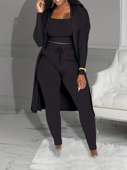 Women's Ribbed Solid Three-Piece Set - Open Front Long Sleeve Cardigan, Tank Top, and Lace-Up Pants Outfit