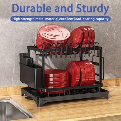 2-Tier Large Stainless Steel Dish Drying Rack with Drainboard – Black Dish Drainer for Kitchen Counter – Includes Space for Dishes, Knives, Cups, Cutting Board
