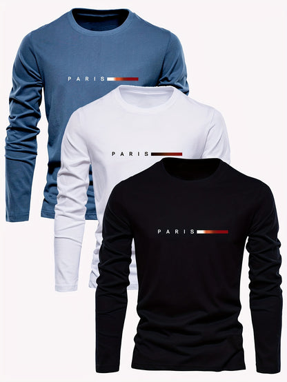 Men's 3-Pack 100% Cotton Long Sleeve T-Shirts - Casual Crew Neck with Paris Applique, Breathable Letter Print Tops for Spring/Fall