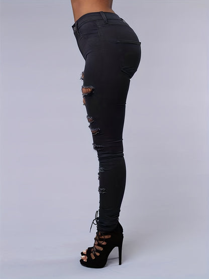 Women's Ripped High-Stretch Distressed Jeans – Slim Fit Solid Color Denim Pants with Zipper Button Closure