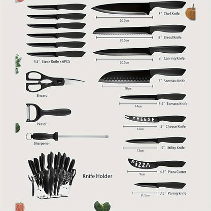 19 Piece High Carbon Stainless Steel Kitchen Knife Set – Includes Serrated Steak Knives, Chef Knives, Bread Knife, Scissors, Sharpener – All-in-One Block Set