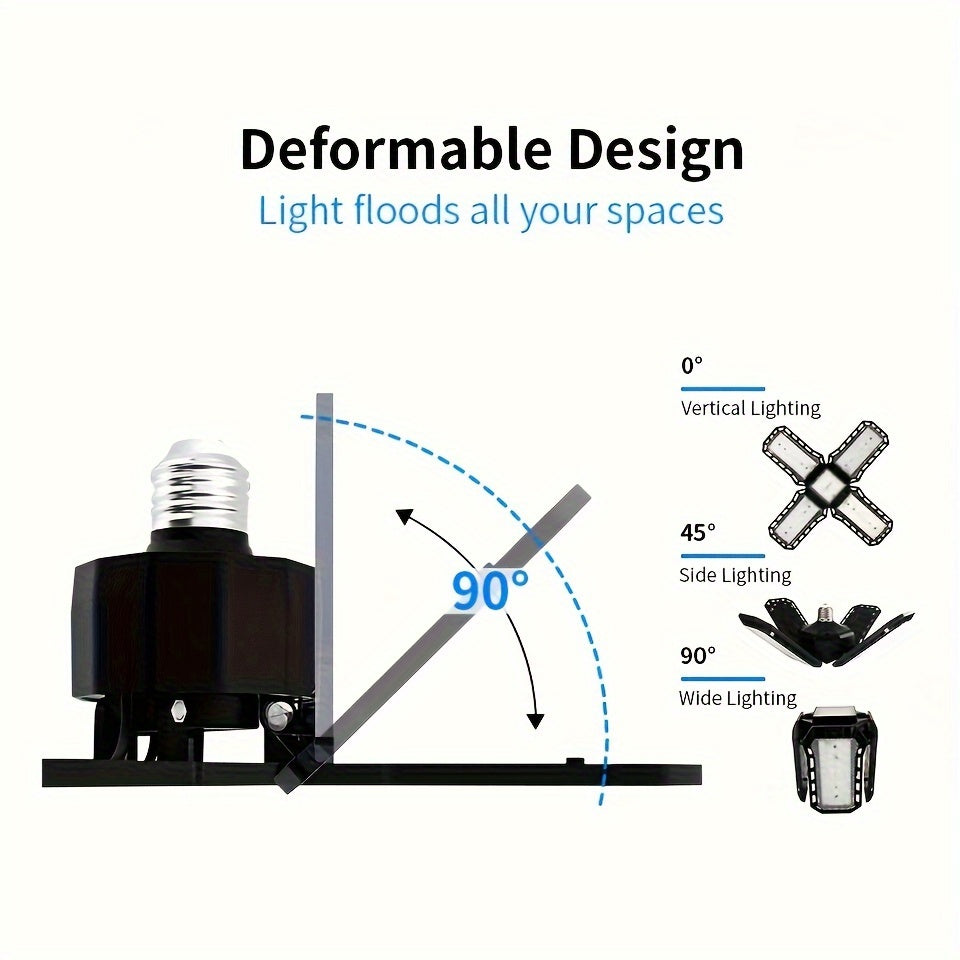 LED Garage Light Bulbs – 10,000LM Super Bright, Adjustable Panels, E26/E27 Screw Socket – Deformable Ceiling Light for Warehouse, Corridor, Stadium