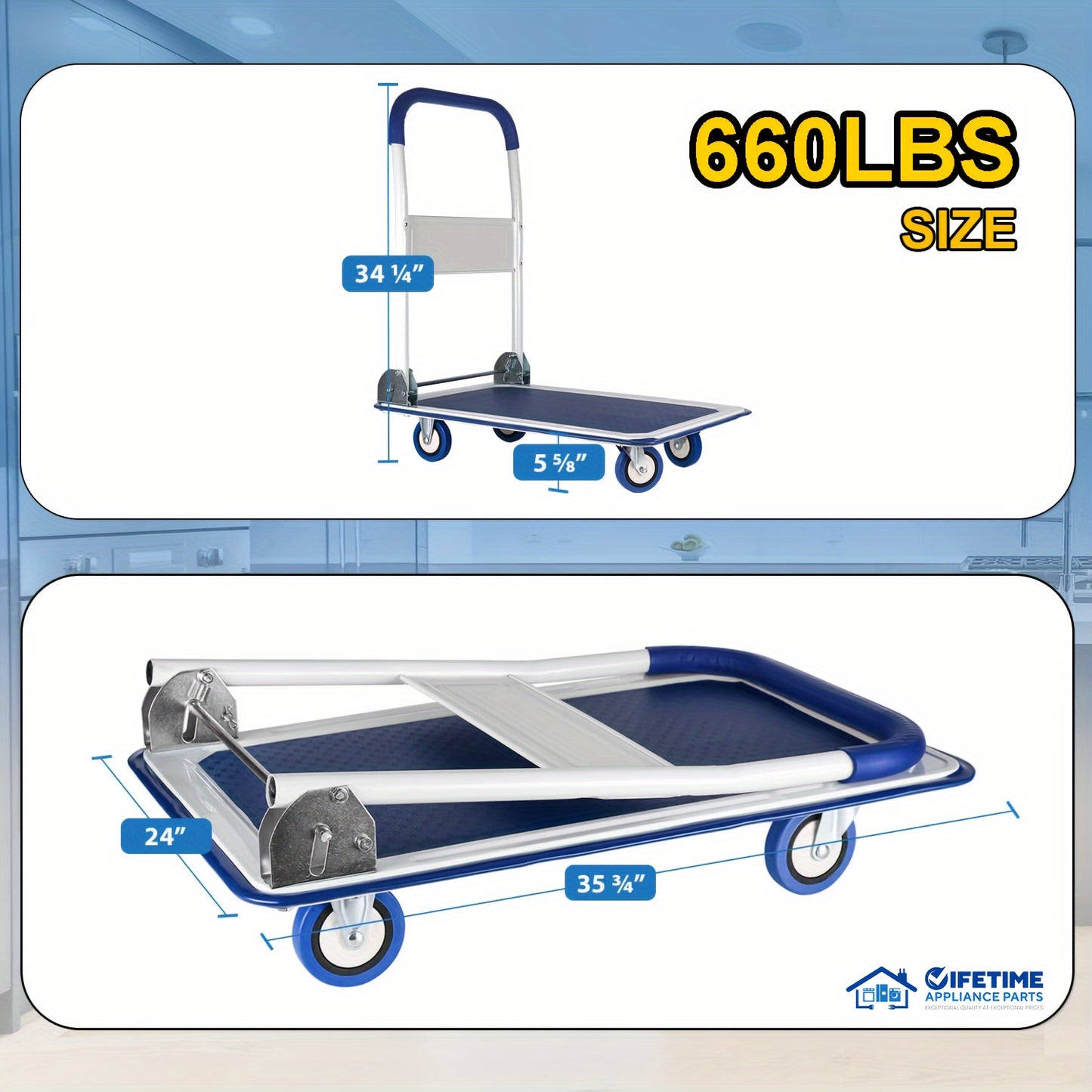 Heavy-Duty Large Foldable Push Cart Dolly - 330/660 Lbs Capacity, Collapsible Steel Flat Bed Wagon with Swivel Handle, Blue, White/Black, Yellow - Ideal for Moving & Transport