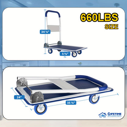 Heavy-Duty Large Foldable Push Cart Dolly - 330/660 Lbs Capacity, Collapsible Steel Flat Bed Wagon with Swivel Handle, Blue, White/Black, Yellow - Ideal for Moving & Transport