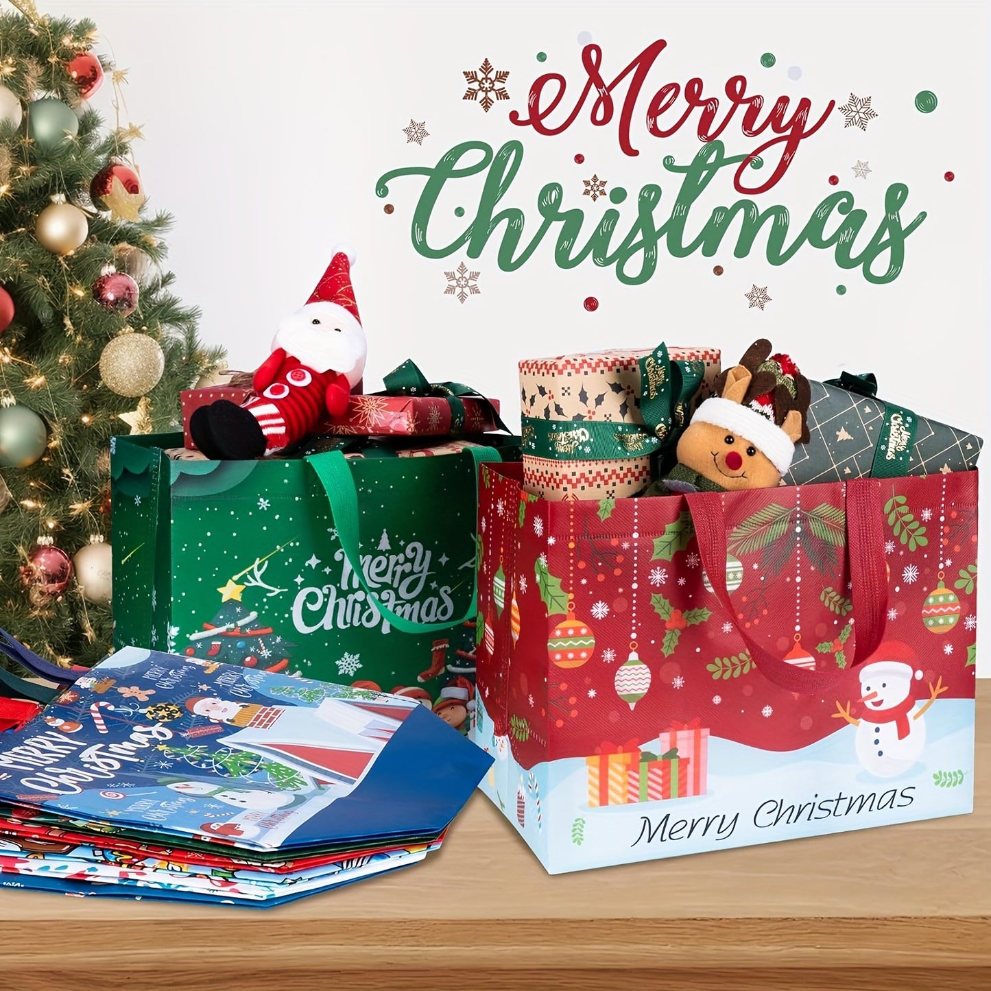 Large Christmas Gift Bags with Handles - 8/16 pcs Reusable Non-Woven Tote Bags, Festive Red/Green/Blue, 12.8"x9.8"x6.7" for Gifts and Decorations