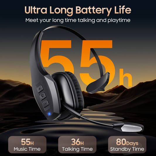 55-Hour Battery Life Wireless Trucker Headset - Dual Noise Cancelling Microphone for Truck Drivers, PC & Cell Phones