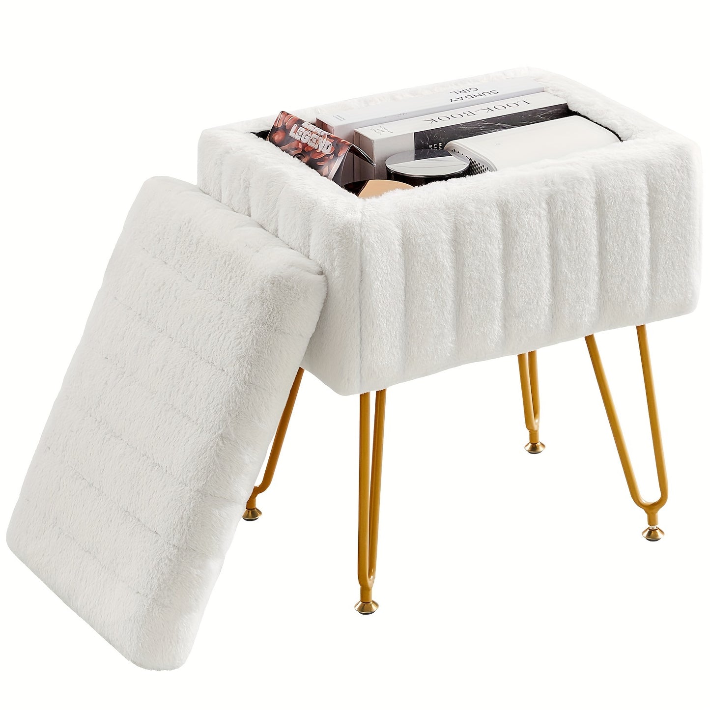 Luxurious Faux Fur Vanity Storage Ottoman Chair - Metal Legs, Flip-Top Foot Rest, Soft Padded Seat, Ample Storage