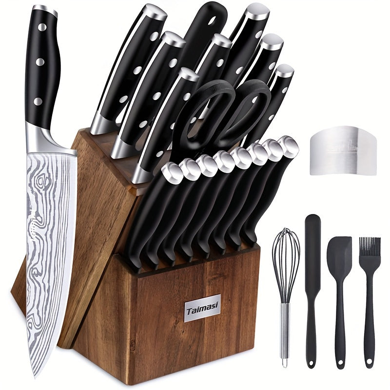 18pcs Kitchen Knife Set with Block & Sharpener Rod - High Carbon Stainless Steel Chef Knives, Ultra Sharp Full-Tang Design for Home Cooking