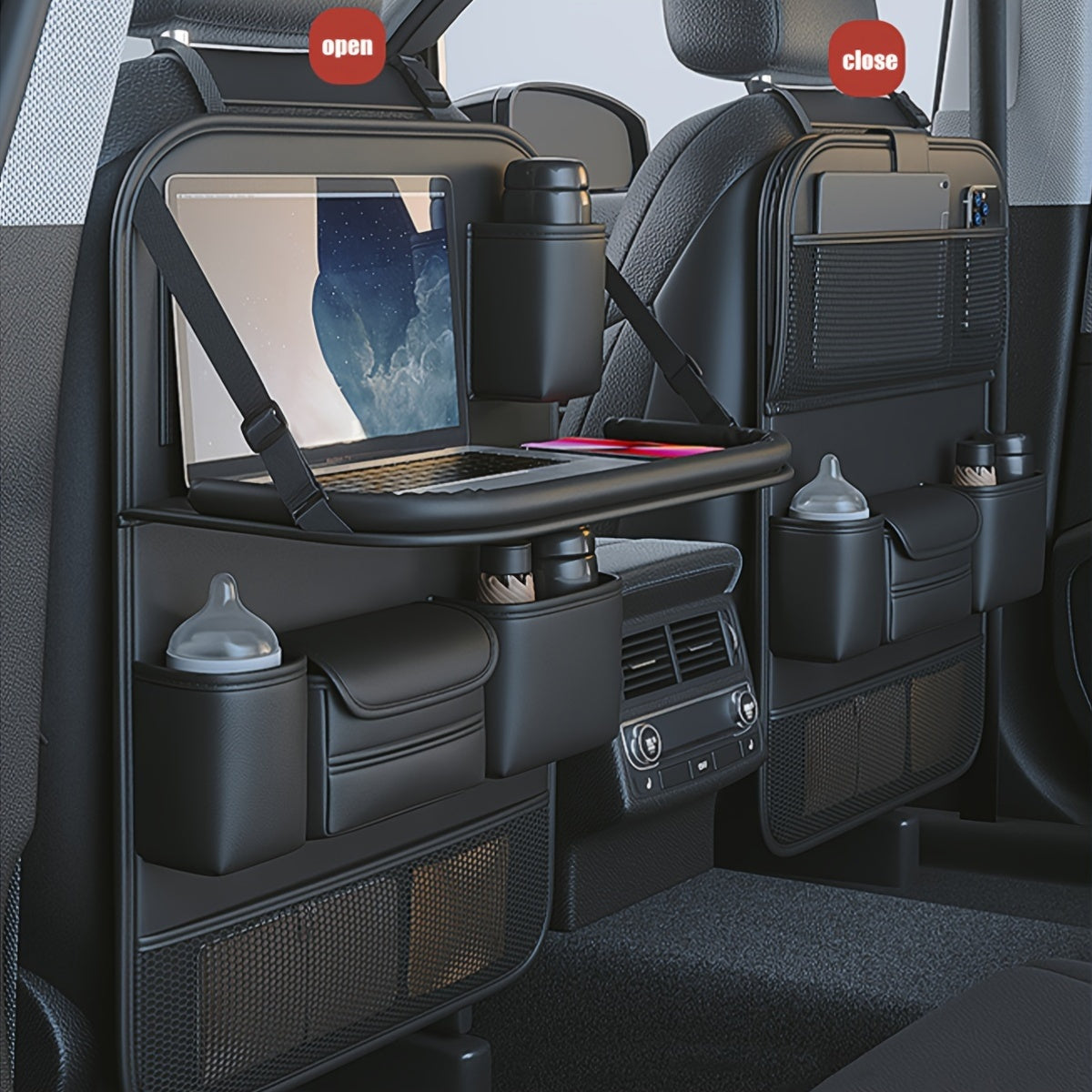 Premium PU Leather Backseat Organizer with Foldable Table Tray – Multi-Functional Vehicle Seat Storage Bag – Large Capacity for SUVs, Trucks and Vans