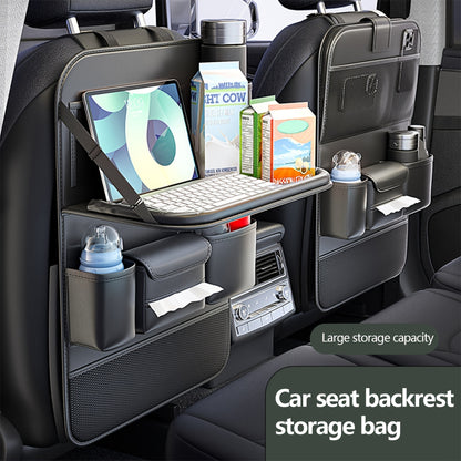 Premium PU Leather Backseat Organizer with Foldable Table Tray – Multi-Functional Vehicle Seat Storage Bag – Large Capacity for SUVs, Trucks and Vans