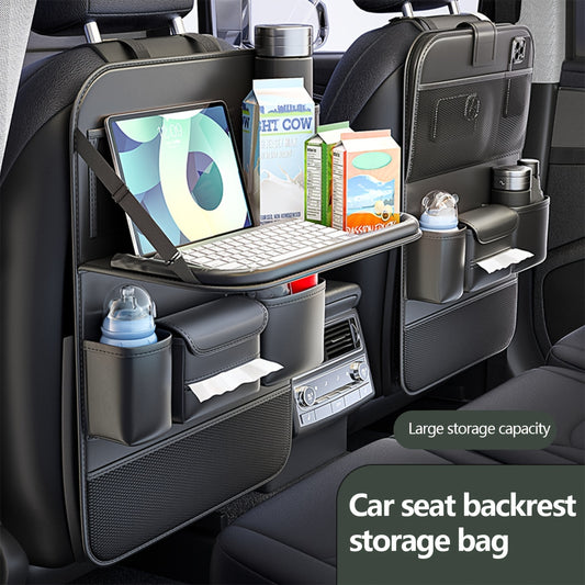 Premium PU Leather Backseat Organizer with Foldable Table Tray – Multi-Functional Vehicle Seat Storage Bag – Large Capacity for SUVs, Trucks and Vans
