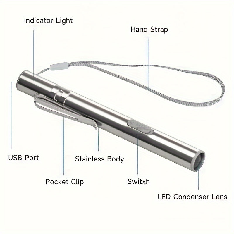 8000 Lumens Mini Penlight Lamp – USB Rechargeable Pocket LED Flashlight with Lanyard