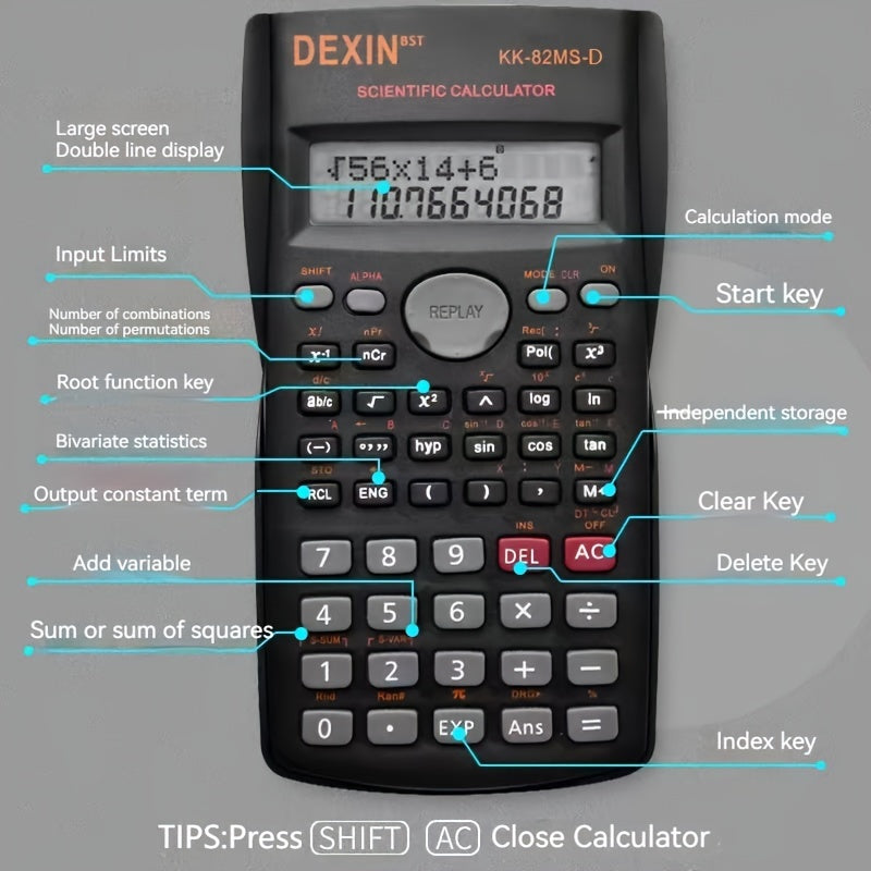 DEXIN KK-82MS-D Multifunctional Scientific Calculator - 240 Functions, Double-Line Display - Ideal for Student Exams - Economic Pack at Factory Price