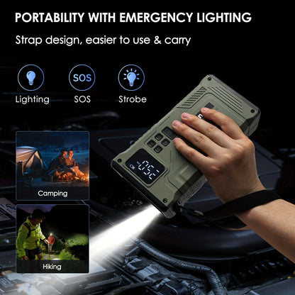 3000A Peak Car Jump Starter with Air Compressor – Portable 12V Battery Charger, 150PSI Digital Tire Inflator, QC18W Fast Charge, LED Emergency Light – Multi-Function Power Bank for 9.0L Gas/7.5L Diesel Vehicles