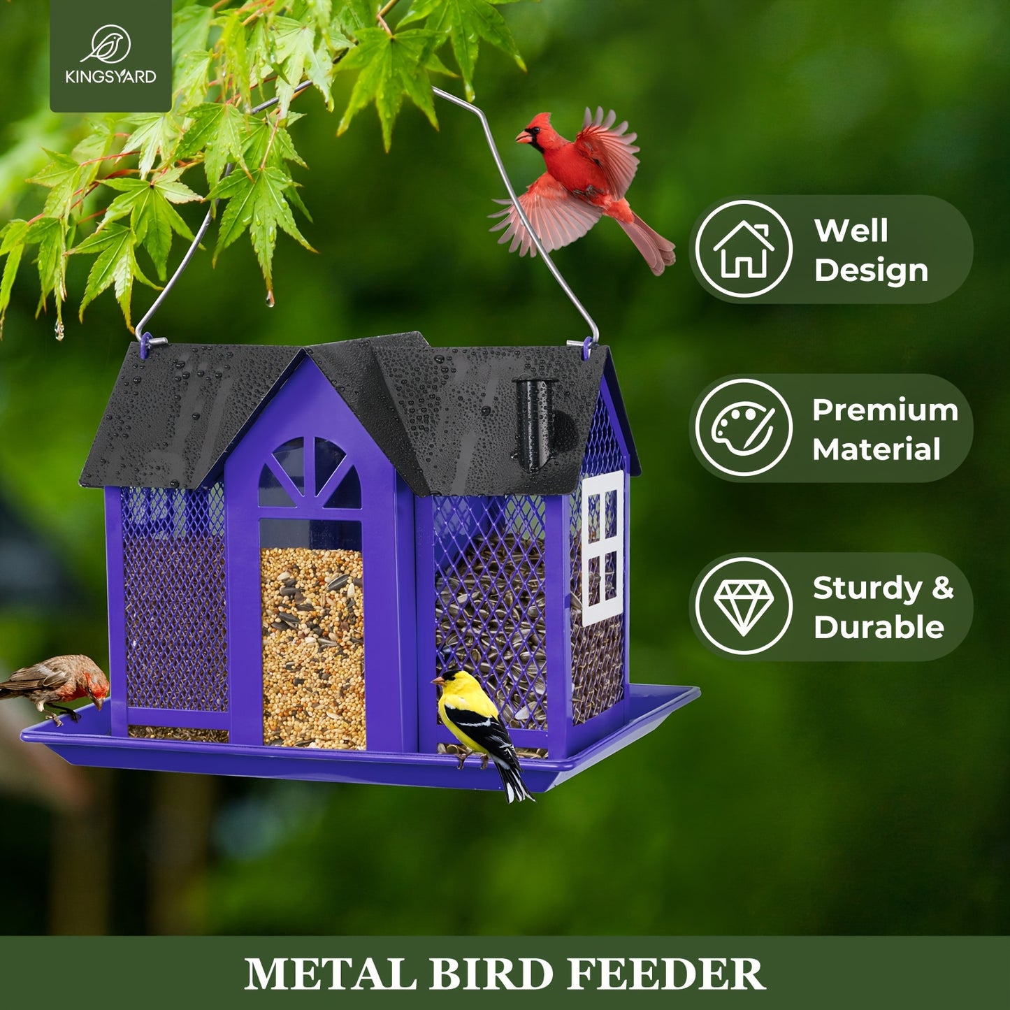 Kingsyard Metal Bird Feeder House – Weatherproof Wild Bird Feeder with Triple Feeders for Finch, Cardinal & Chickadee, Large Capacity