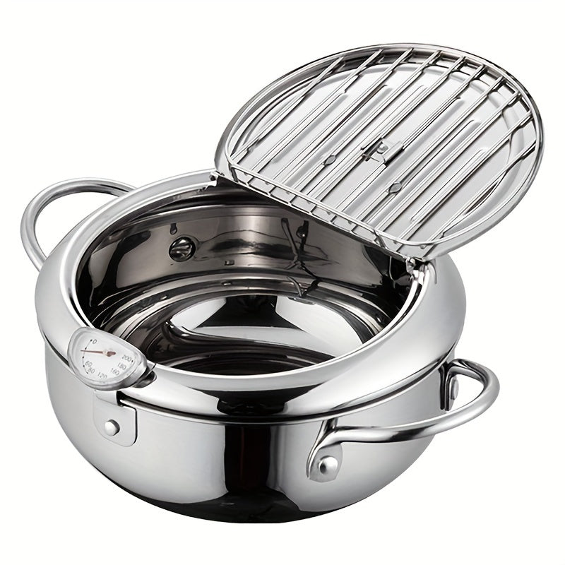 304 Stainless Steel Tempura Fryer Pot – 2.2L, Non-Stick, with Thermometer & Lid for Chicken & Tempura