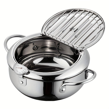 304 Stainless Steel Tempura Fryer Pot – 2.2L, Non-Stick, with Thermometer & Lid for Chicken & Tempura