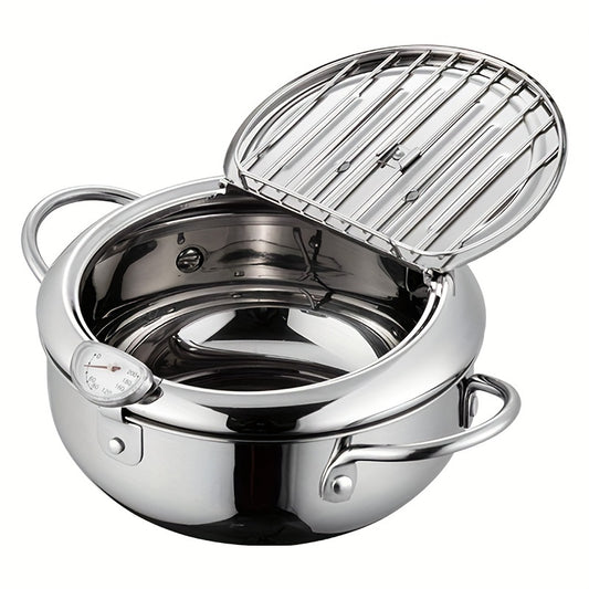 304 Stainless Steel Tempura Fryer Pot – 2.2L, Non-Stick, with Thermometer & Lid for Chicken & Tempura