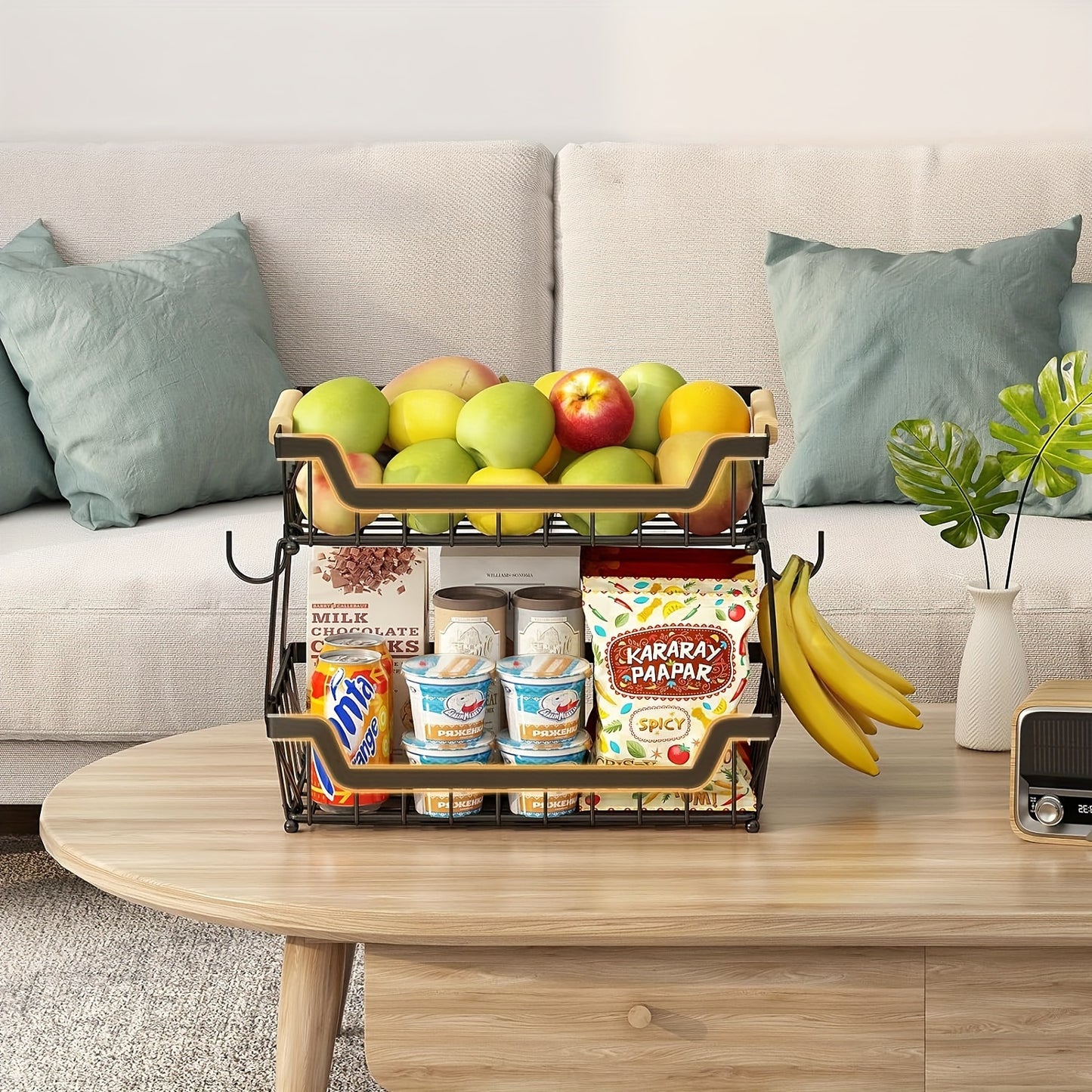 2 Tier Countertop Fruit Basket with 2 Banana Hangers - Detachable Metal Organizer for Bread, Vegetables & Fruits, Large Capacity Rectangular Storage Stand with Wooden Handle, Black