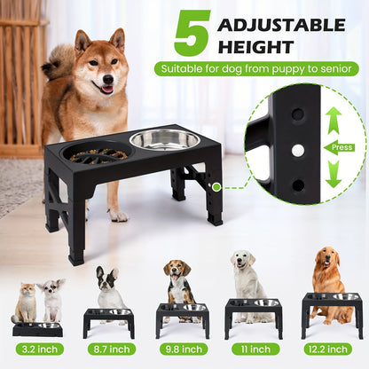 Elevated Dog Bowls with 5 Adjustable Heights – Raised Stand with 2 Stainless Steel Bowls and 1 Slow Feeder, Adjusts from 3.2" to 12.2" for Small, Medium, and Large Dogs