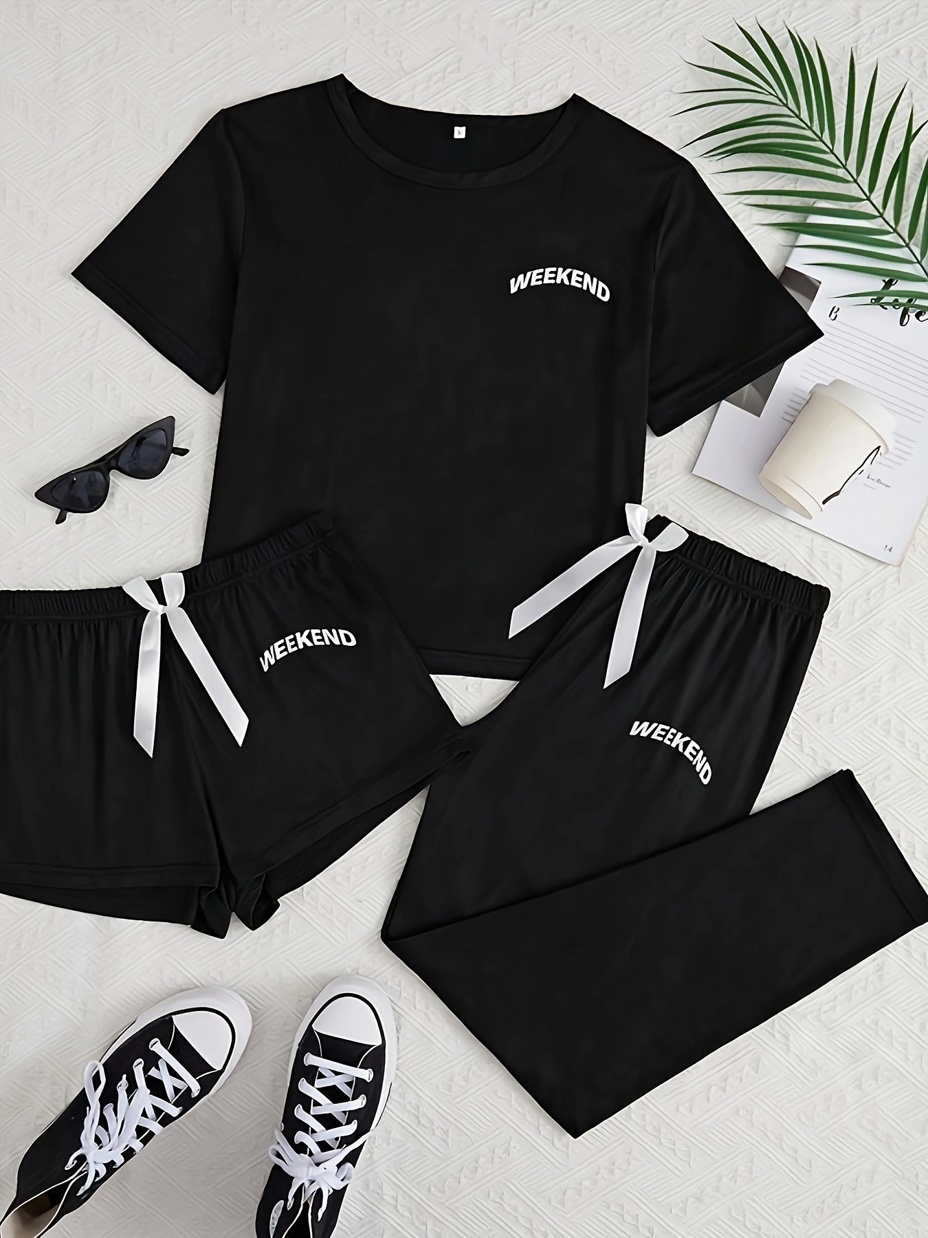 Women's 3-Piece Pajama Set – Simple Short Sleeve Sleepwear with 'WEEKEND' Print, Comfy Casual Loungewear