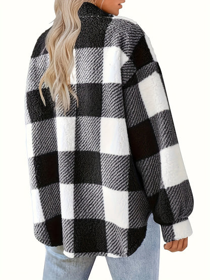 Women's Plaid Button-Front Teddy Coat – Long Sleeve Thermal Winter Outwear