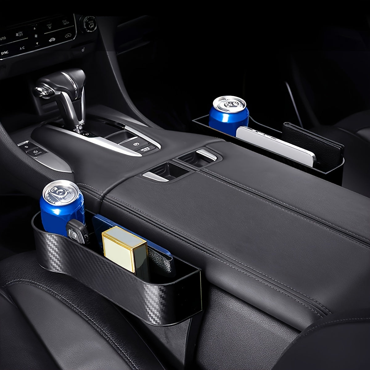2 Pack Premium Car Seat Gap Fillers with Cup Holder – Multifunctional Organizer Box and Key Holder for Front Seats, Carbon Fiber Texture, Black
