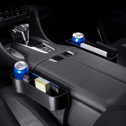 2 Pack Premium Car Seat Gap Fillers with Cup Holder – Multifunctional Organizer Box and Key Holder for Front Seats, Carbon Fiber Texture, Black