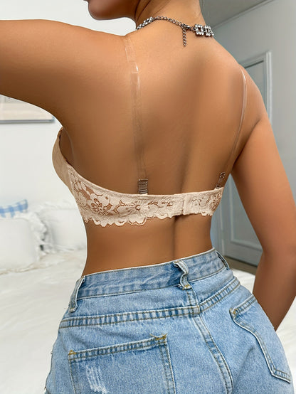 Floral Lace Strapless Underwire Bandeau Bra – Comfy Push-Up, Front Closure, Semi-Sheer, Sexy Lingerie for Women, Ideal for Everyday Wear and Special Occasions