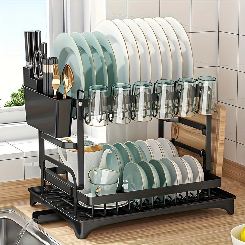 2-Tier Large Stainless Steel Dish Drying Rack with Drainboard – Black Dish Drainer for Kitchen Counter – Includes Space for Dishes, Knives, Cups, Cutting Board