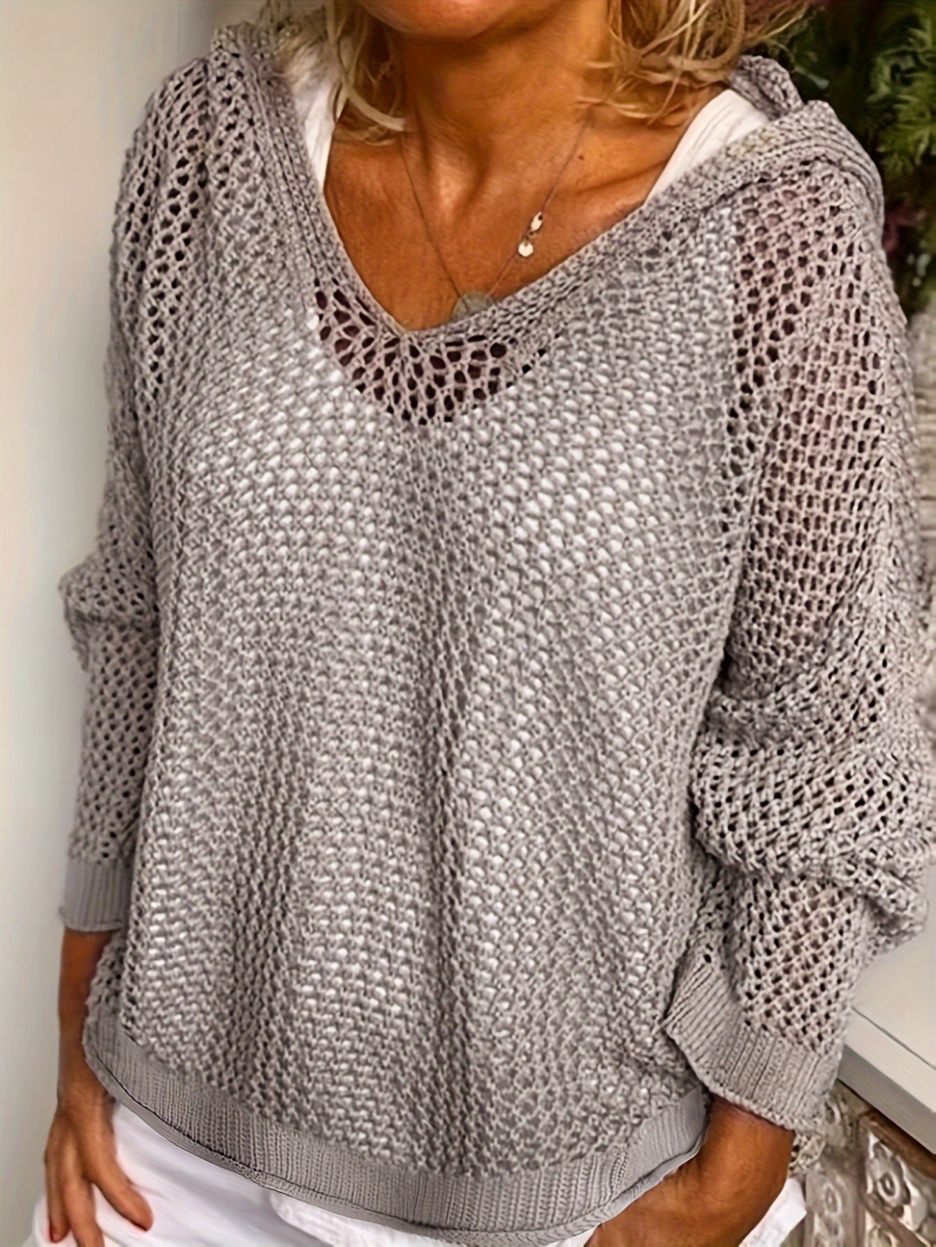 Solid Color Hooded Pullover Sweater – Casual Long Sleeve Cut-Out Knitted Sweater for Spring and Summer – Women's Clothing