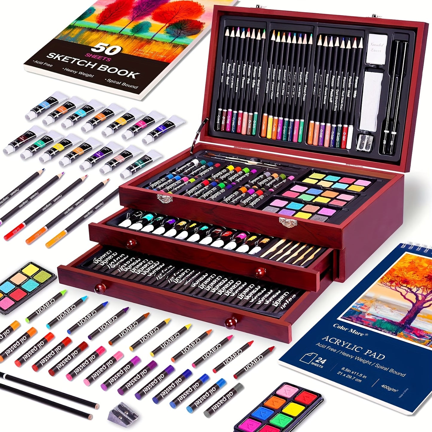175 Piece Deluxe Art Set with 2 Drawing Pads - Professional Art Kit in Wooden Case, Includes Crayons, Acrylic Paints, Colored Pencils for Artists & Teens, Ideal for Halloween and Christmas Gifts