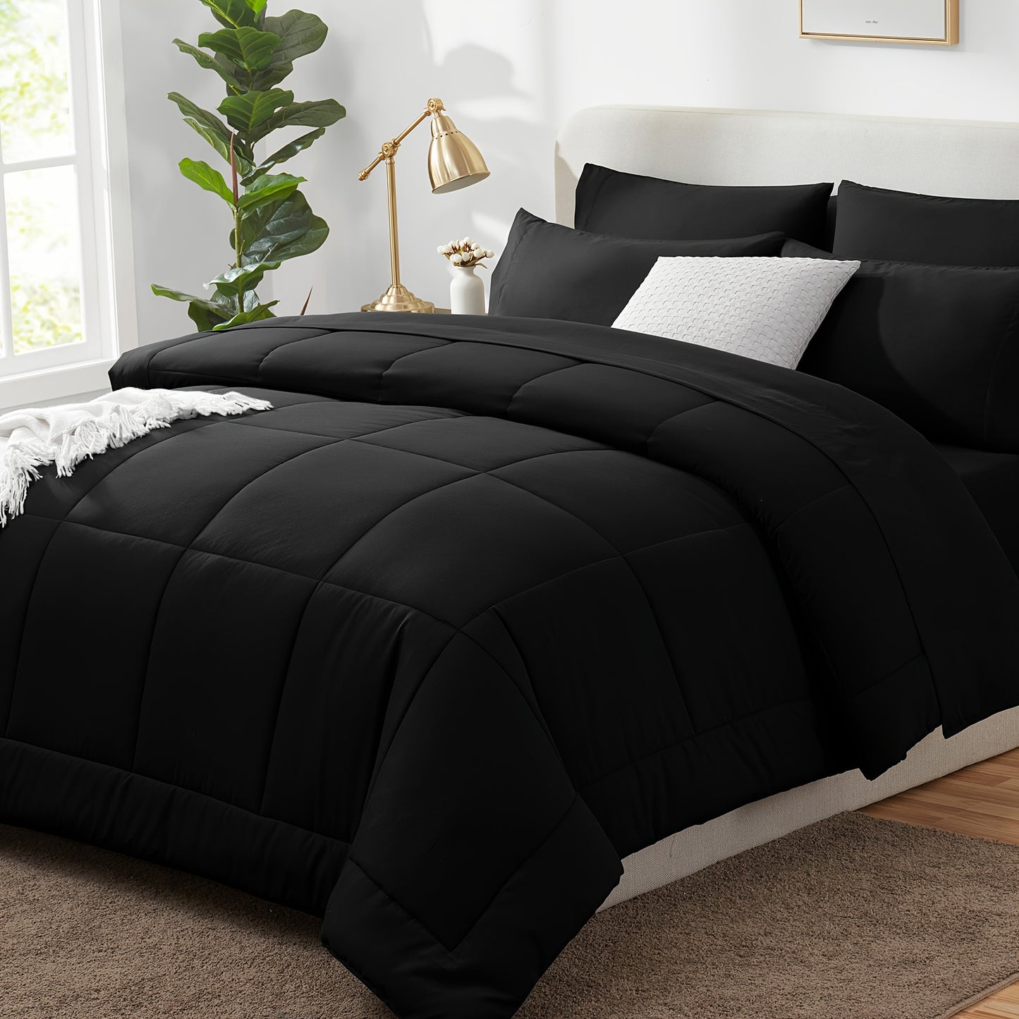 7 Pcs Bed In A Bag - Bedding Set with All Season Quilted Comforter, Flat Sheet, Fitted Sheet, Pillowcases - Black, Queen