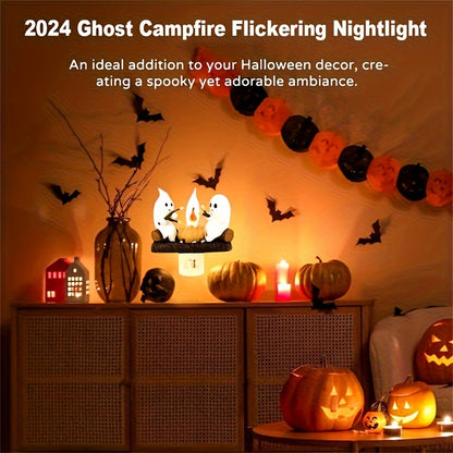 Halloween Ghost Campfire Flickering Night Light – 3D LED Faux Campfire Nightlight for Indoor Decorations, Perfect for Family and Friends