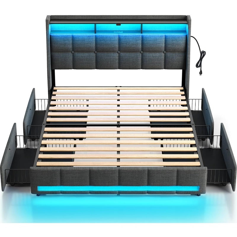 Twin Full Queen Bed Frame with LED Lighting and Charging Station - PU Leather/Neutral Linen Storage Headboard, Drawers, Heavy Duty Wood Slats, Easy Assembly - Modern Bedroom Furniture Upgrade