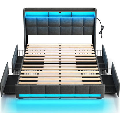 Twin Full Queen Bed Frame with LED Lighting and Charging Station - PU Leather/Neutral Linen Storage Headboard, Drawers, Heavy Duty Wood Slats, Easy Assembly - Modern Bedroom Furniture Upgrade