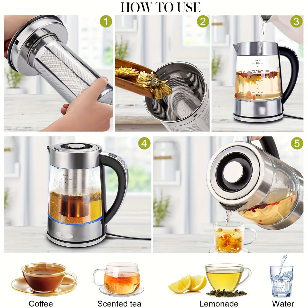 1.8L Electric Glass Kettle – Precise Temp Control, 24H Insulation, Stainless Steel Strainer for Tea & Coffee
