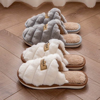 Cozy Plaid Colorblock Slippers for Men & Women - Warm, Non-Slip Indoor Shoes with Soft Faux Rabbit Fur Lining [Fast Arrival]