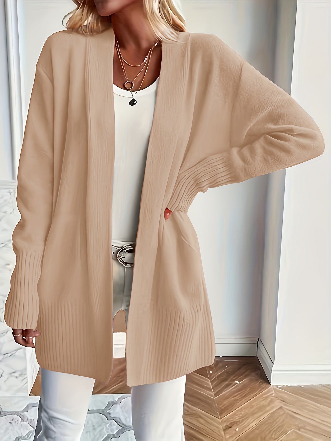 Solid Open Front Knit Cardigan - Casual Long Sleeve Loose Sweater with Pockets, Women's Clothing