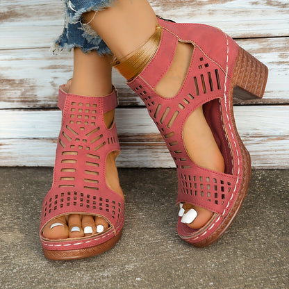 Chic Hollow-Out Wedge Sandals with Thick Sole & Zip Closure - Comfortable Summer Footwear