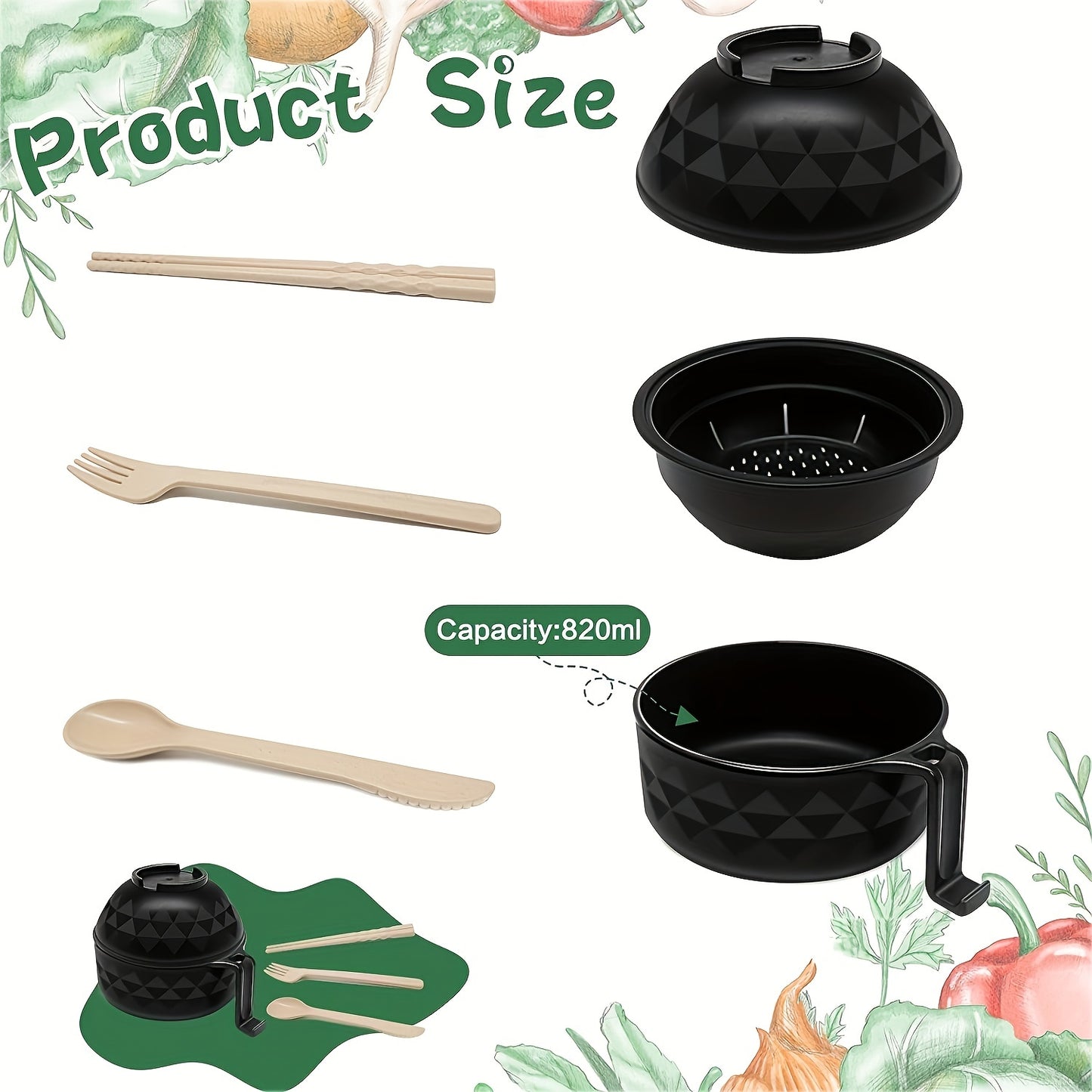 Ramen Bowl Set – Microwave Safe Noodle Cooker with Spoon, Chopsticks and Fork, Perfect for RV, Camping, Picnic, Kitchen and Dorm